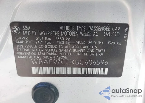 2011 BMW 535I из США, поврежденный, VIN WBAFR7C5XBC606596